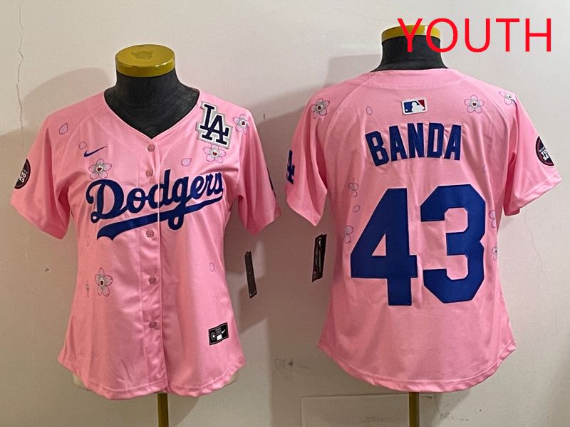 Youth Los Angeles Dodgers 43 Banda Pink White Blue Sakura Edition 2025 Nike MLB Jersey style 9